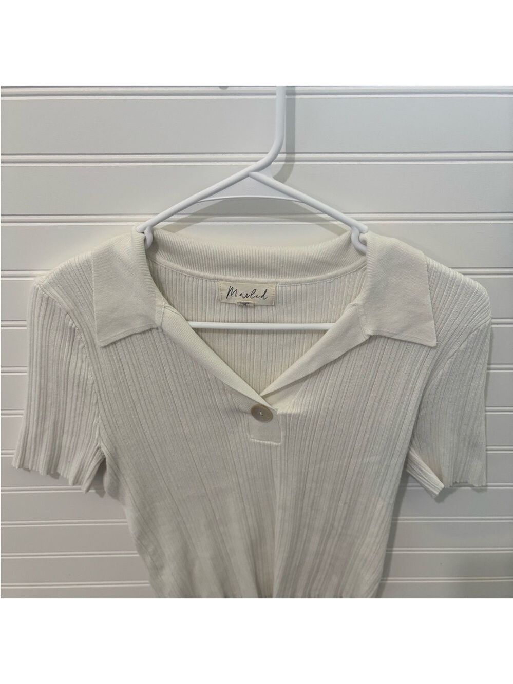 Marled Cream Ribbed Polo Crop Top - Picture 4 of 4